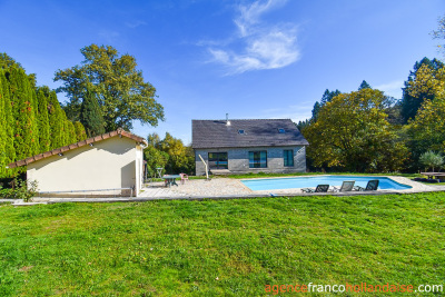 Modern house with pool and fishing pond